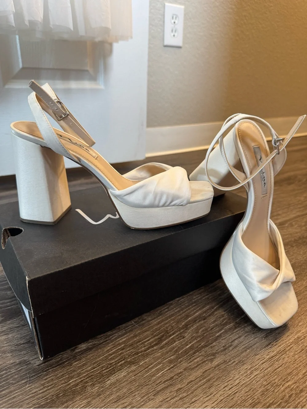 Nina Ivory Satin Block-Heel Platform Sandals